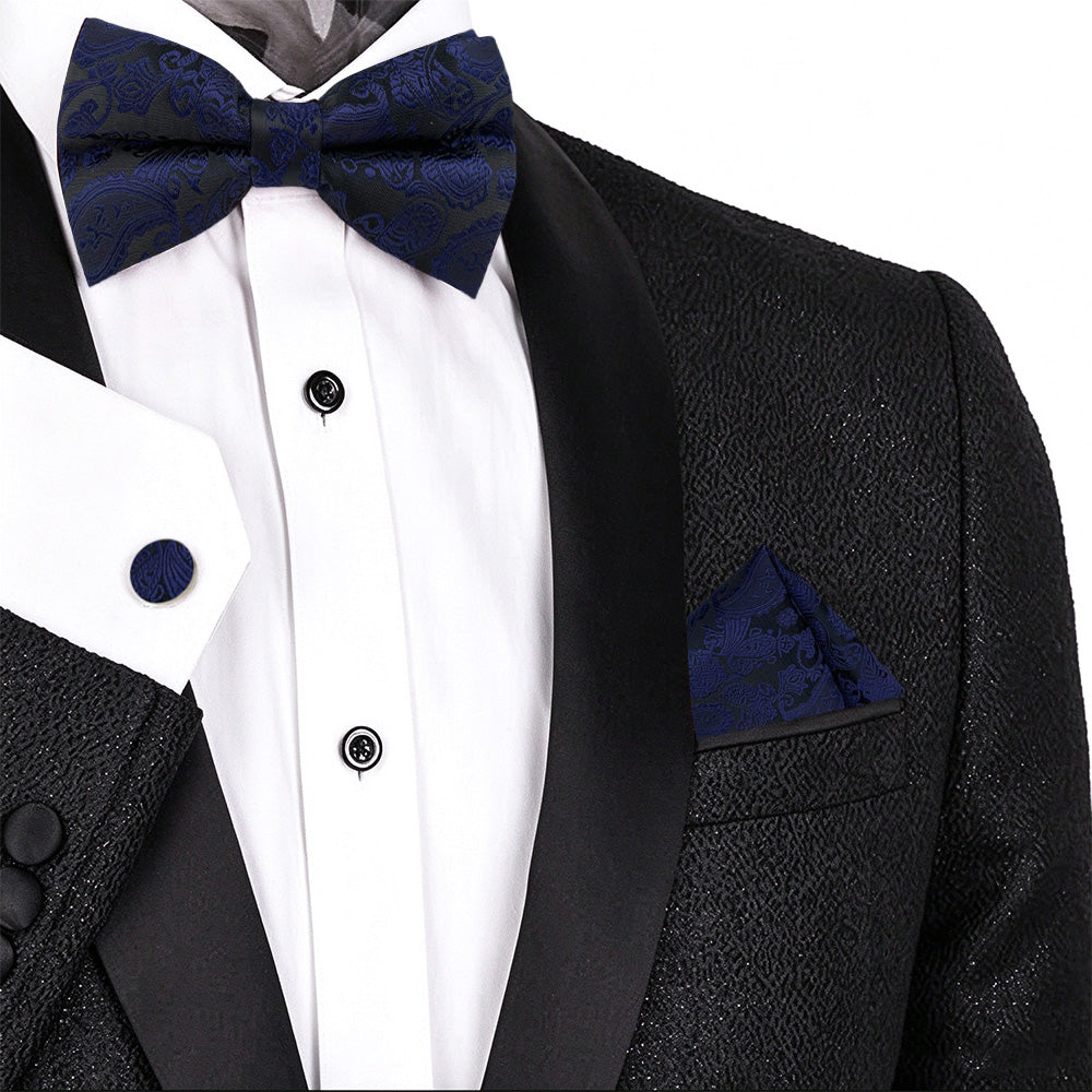 4 Piece Mens Jacquard Pre Tied Bow Tie Pocket Square and Cufflink Set - Dark Blue