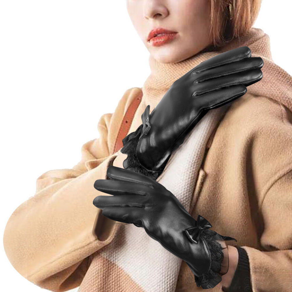 Pair of Women Winter Gloves Touch Screen Driving Warm PU Leather Gloves Style 1