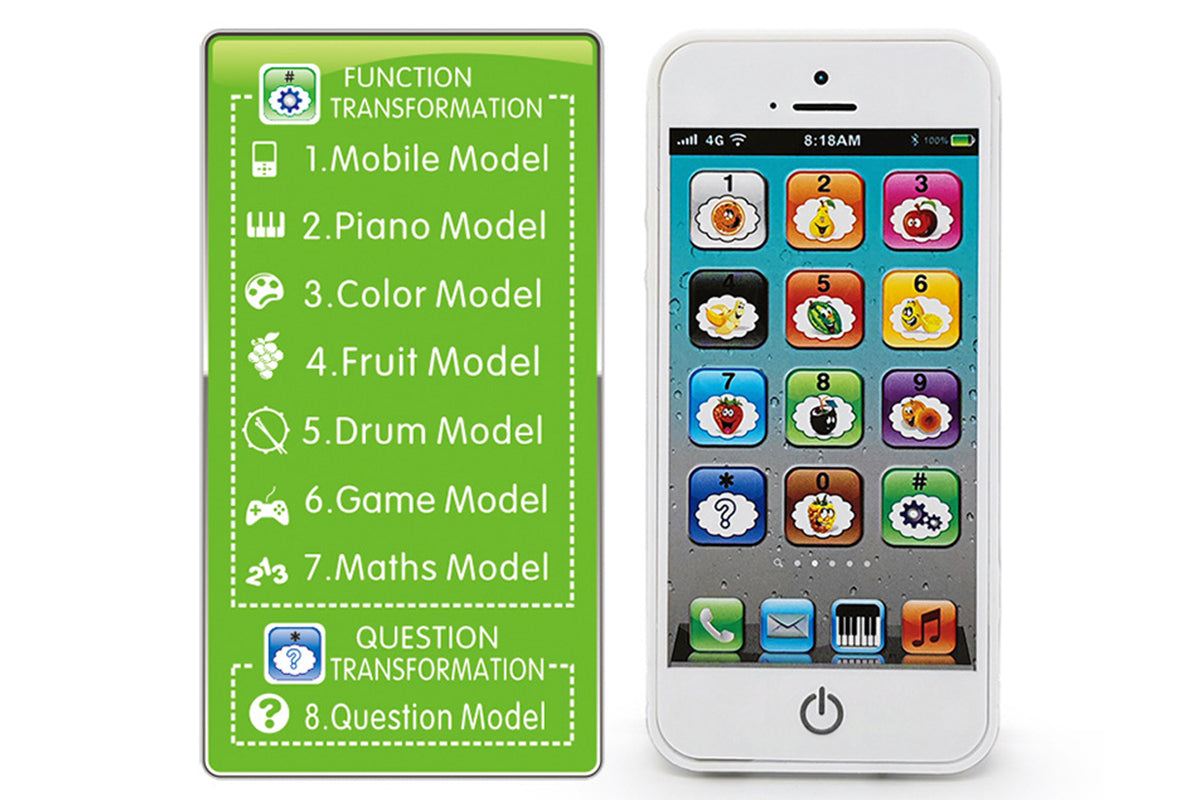 Learning Toy Play Cell Phone with 8 Functions and Dazzling Lights Interactive Toy for Boys Girls-White