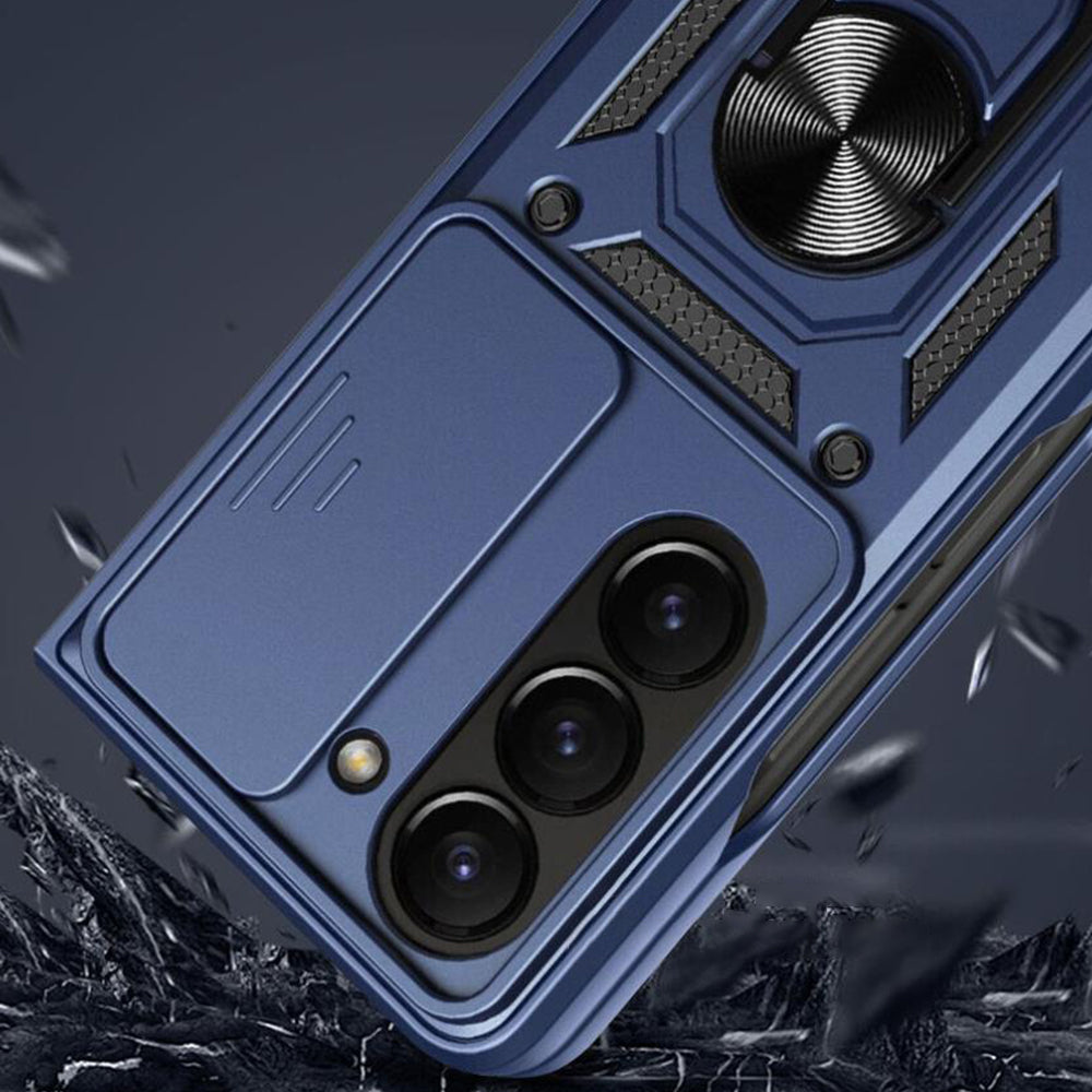 For Samsung Galaxy Z Fold Drop Protection Case Full-Body Shockproof Case with Rotating Ring Stand Blue