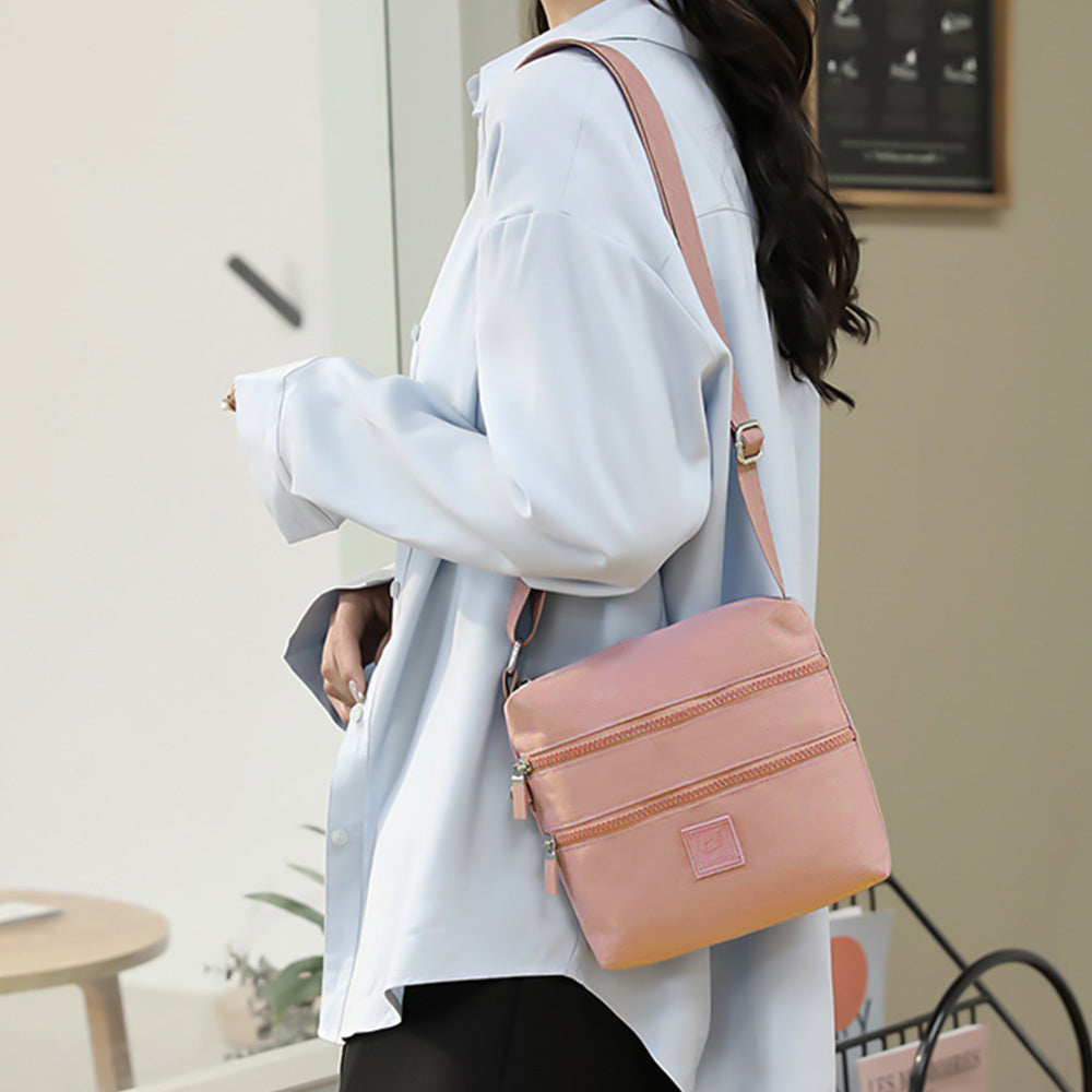Multipockets Zipper Crossbody Purses Casual Nylon Shoulder Bag for Women Daily Handbag Pink