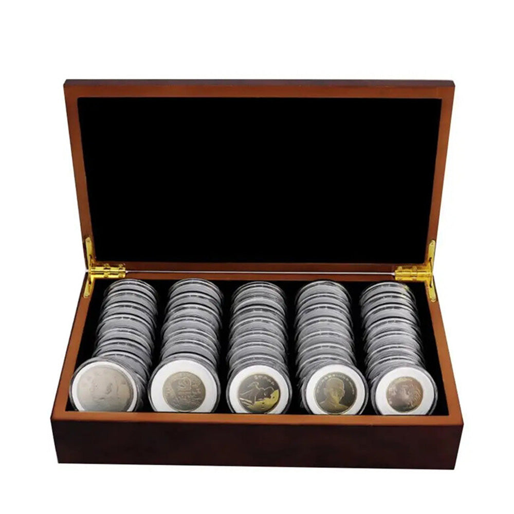 50PCS Coin Capsules Storage Box with Wooden Case Holder Collection Display Organizer