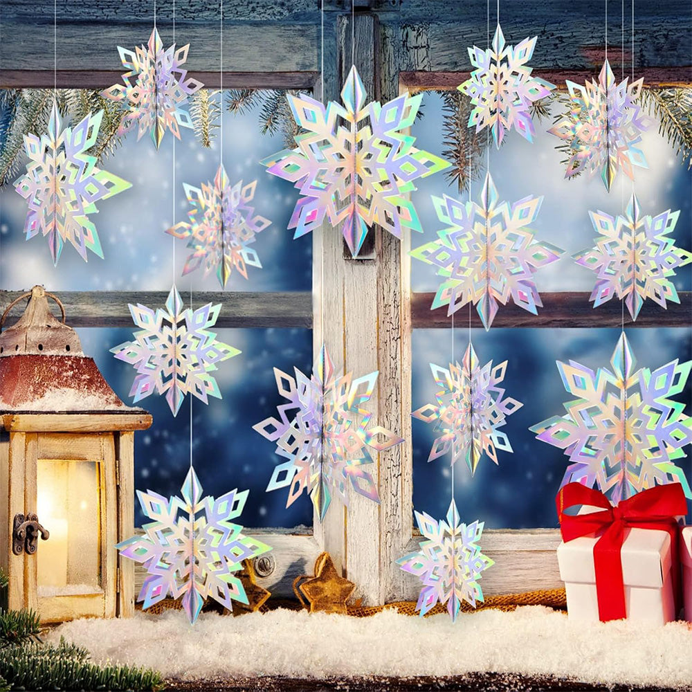 3D Paper Snowflake Hanging Decor Christmas Tree & Party Ornaments Iridescent Silver