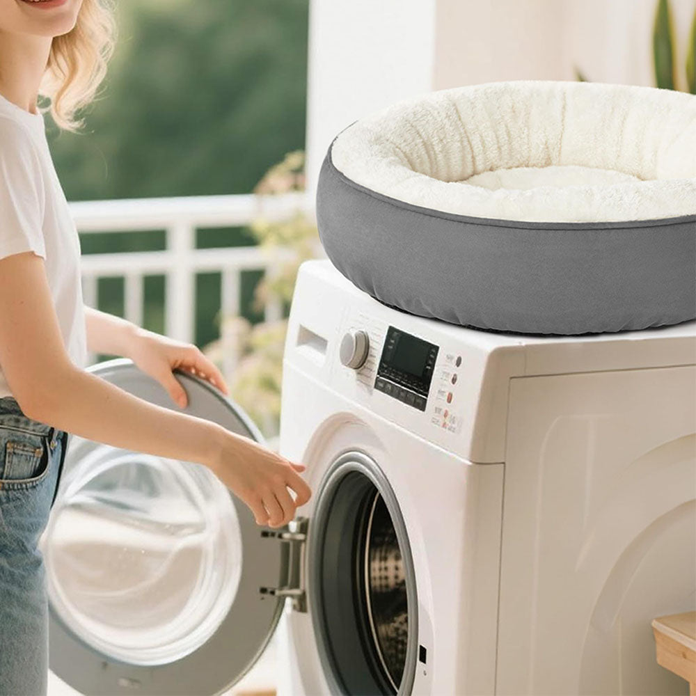 Round Washable Donut Pet Bed with Anti Slip Base - Grey