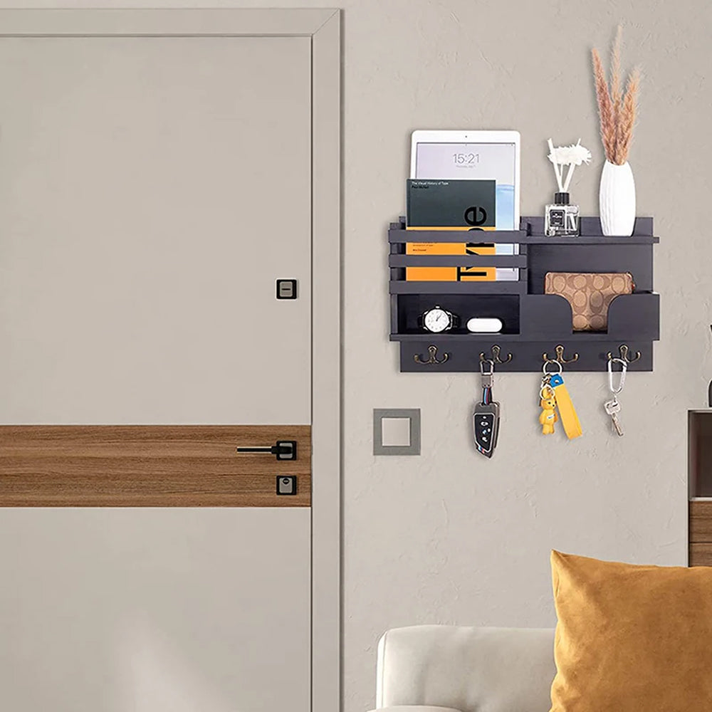 Multi-Purpose Key and Mail Holder Wall Mount Mail Organizer with 4 Hooks Black
