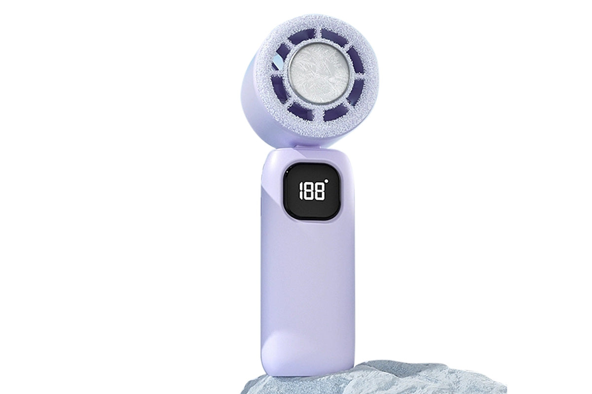 100 Speeds Digital Display Cooling Fan USB Fan with Lanyard and Phone Holder Base-Purple