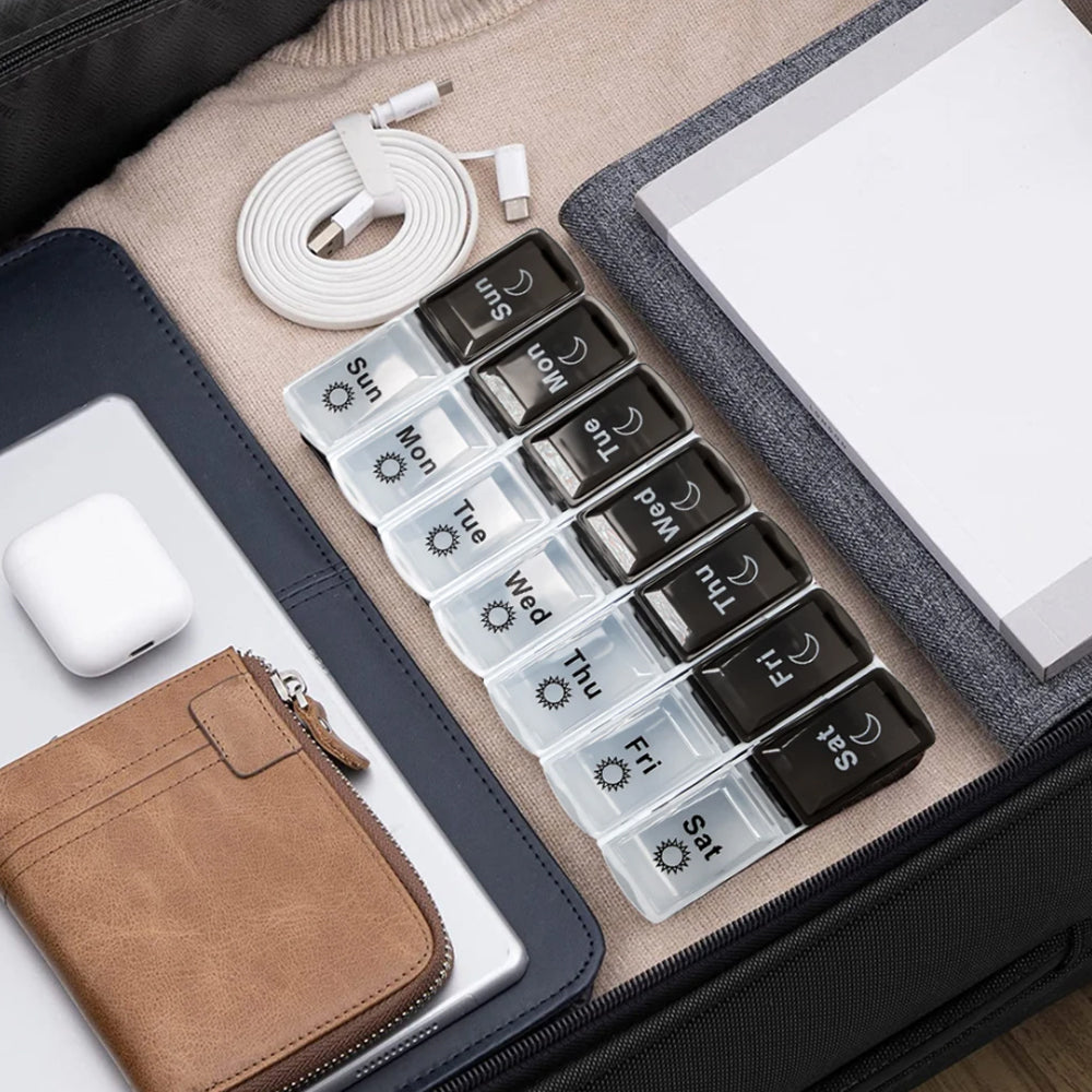 Pill Box Organiser 7-Day Weekly for AM PM Day Night Pill Case with 14 Compartments Black and White