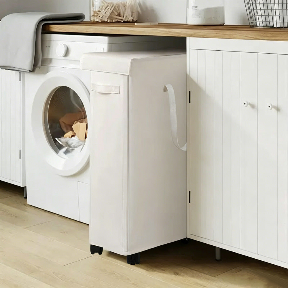 65L Laundry Basket with Wheels and Lid-Beige