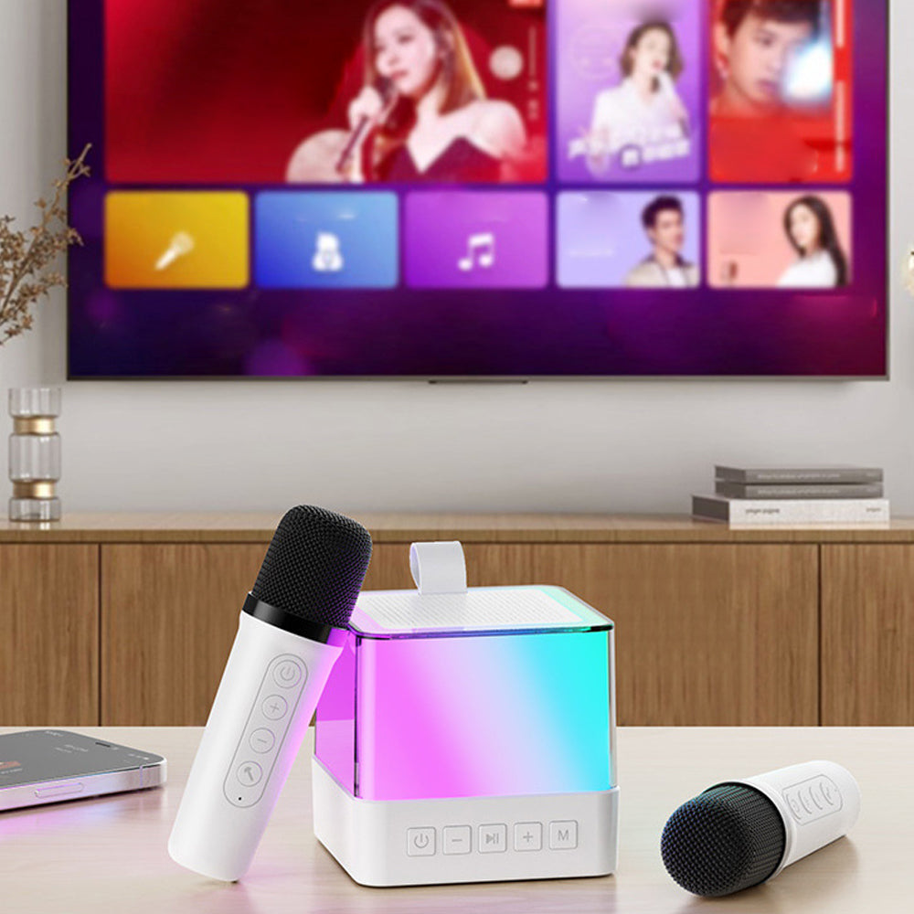Mini Karaoke Machine Portable Bluetooth Speaker with 2 Wireless Microphones White