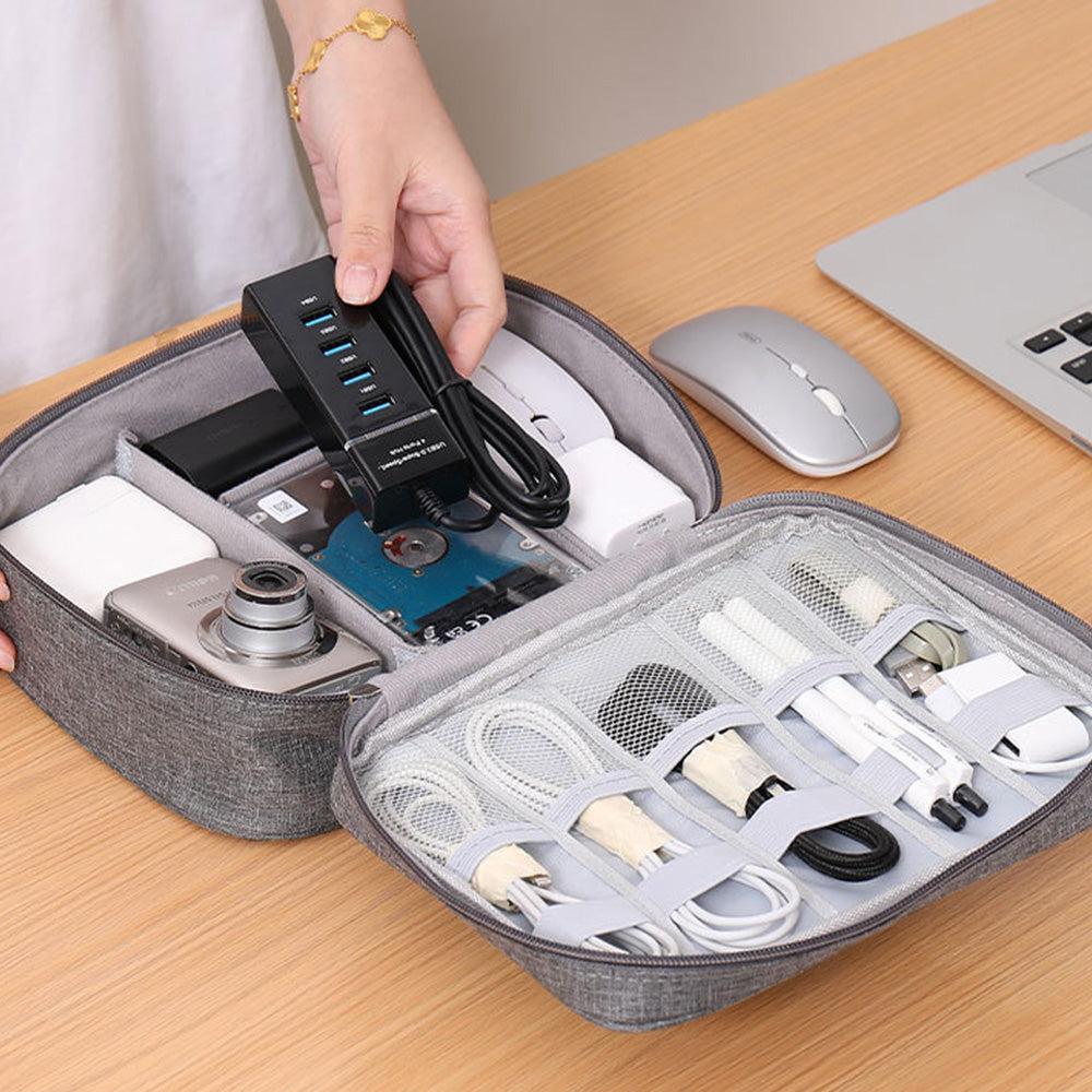 Large Digital Electronics Travel Organizer Bag with Adjustable Dividers - Grey