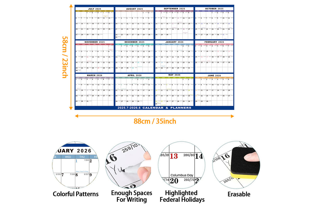 2025-2026 Financial Year Wall Planner 88x58cm Wall Calendar Monthly Hanging Calendar