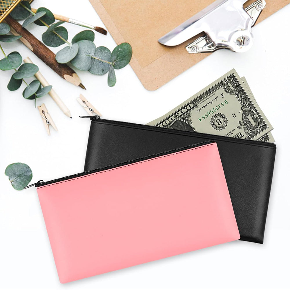 2Pcs PU Leather Storage Bag with Zipper Money Pouch Cash Storage Bag Black and Pink