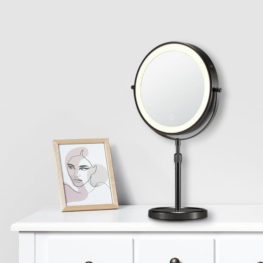 Rotating Double-Side Makeup Mirror 1X/10X Magnifying Cosmetic Mirror with Adjustable LED Light Black