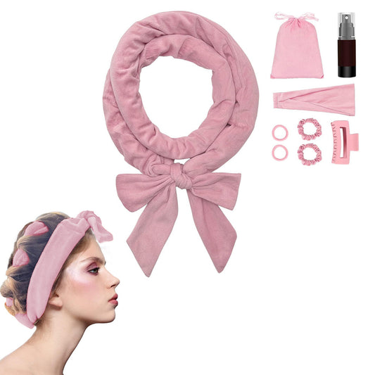 Heatless Curling Rod Headband Set Lazy No Heat Overnight Hair Curler Headband Ties for Women Girls Pink