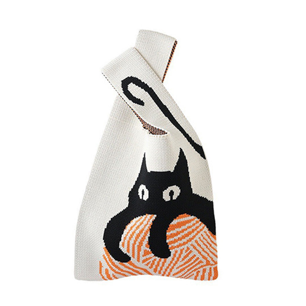 Hooking Tote Bag Small Cute Knot Wristlet Knitted Bag Knitted Wrist Purse Beige Cat