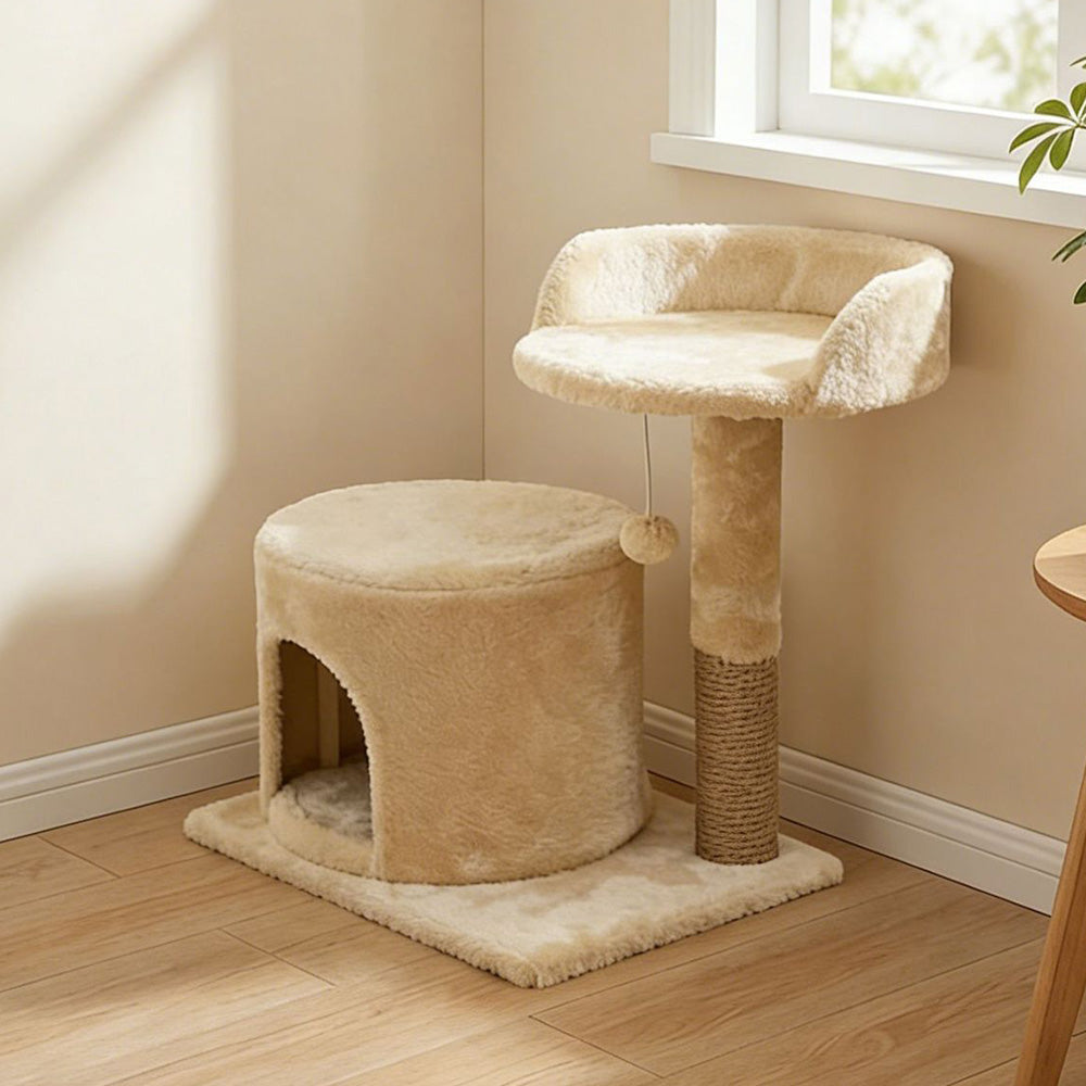 Small Cat Tree with Condo Sisal Scratching Post Plush Cat Tower with Dangling Toy Beige