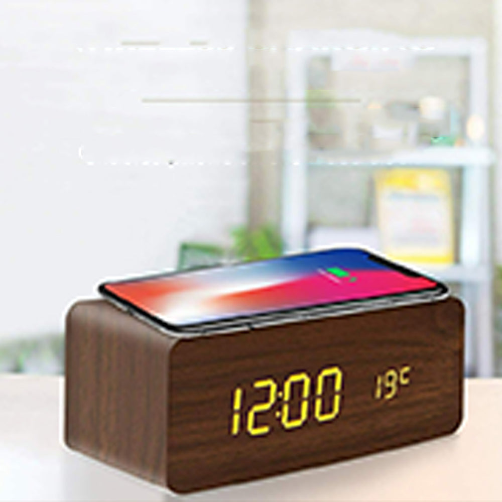 Dimmable Digital Alarm Clock with Wireless Charger Station for Home Office Brown