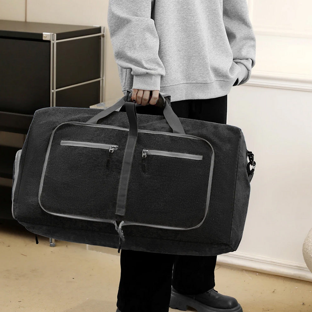 Large Foldable Travel Duffel Bag Carry-On Shoulder Bag with Shoe Compartment Black
