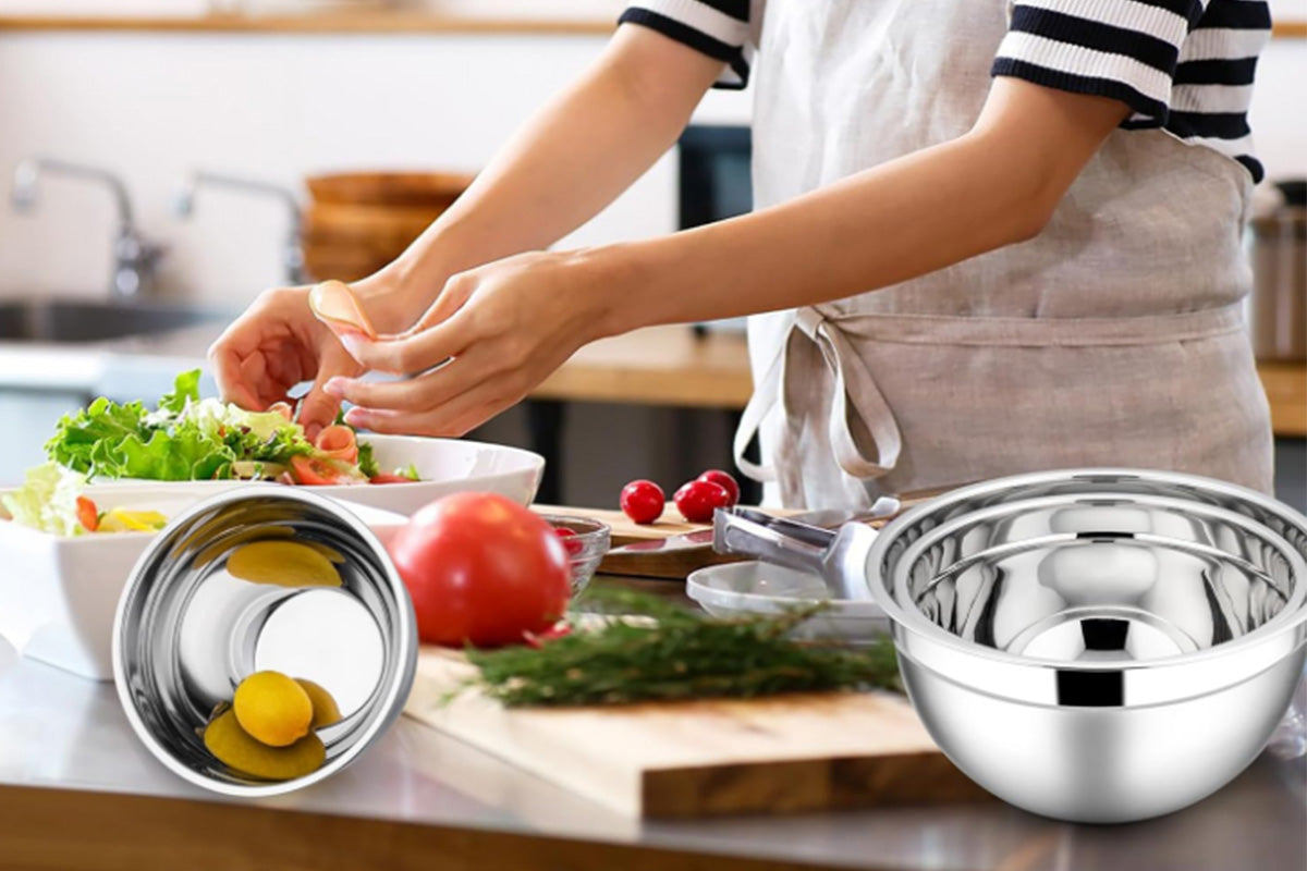 6Pcs Mixing Bowls with 3 Grater Attachments Stainless Steel Kitchen Stackable Bowls