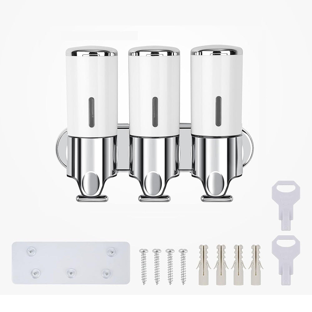 3-Chamber Shower Soap Dispenser Wall-Mounted Shampoo and Conditioner Dispenser with Visible Window White