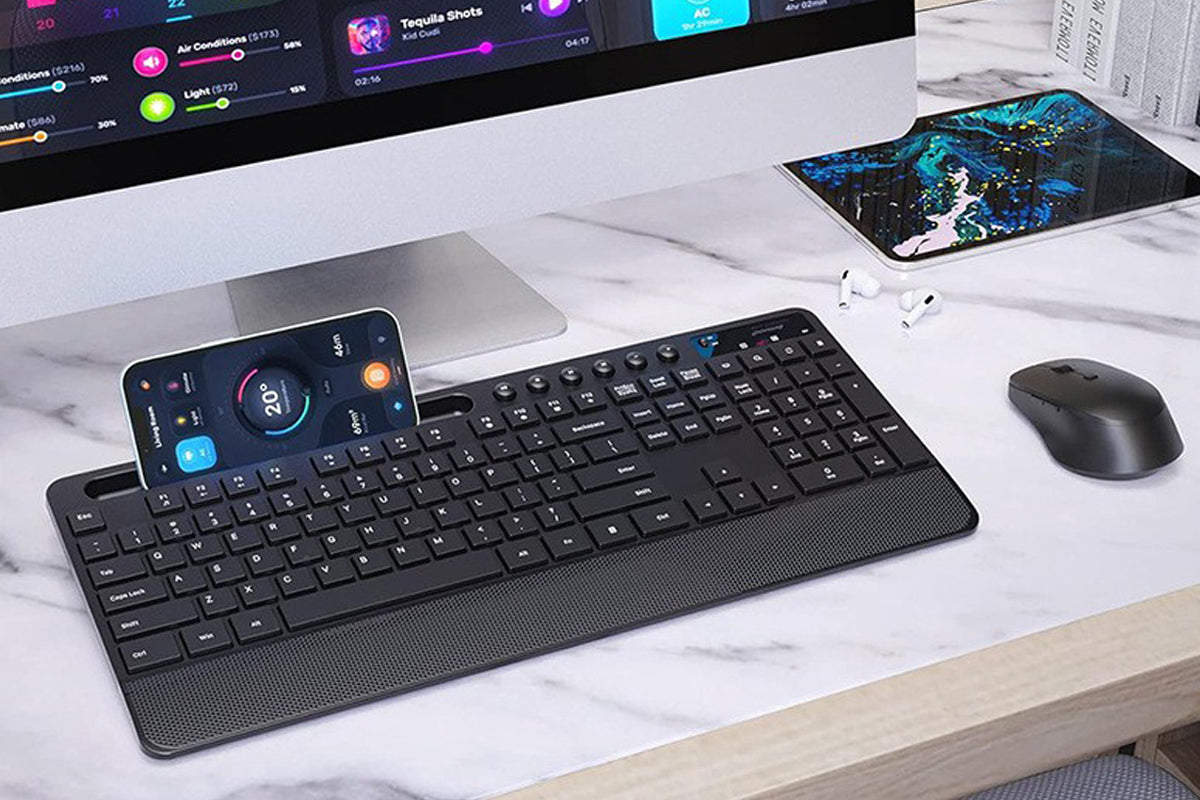 Wireless Keyboard Mouse Combo Full-Size Quiet Keyboard with Palm Rest and Phone Holder