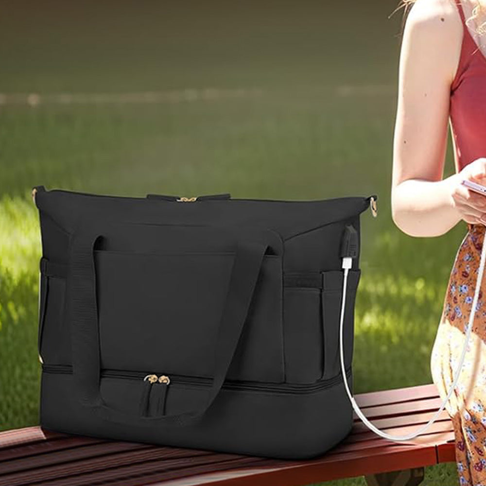 37L Women Fitness Travel Bag Waterproof USB Charging Carry-On Overnight Black