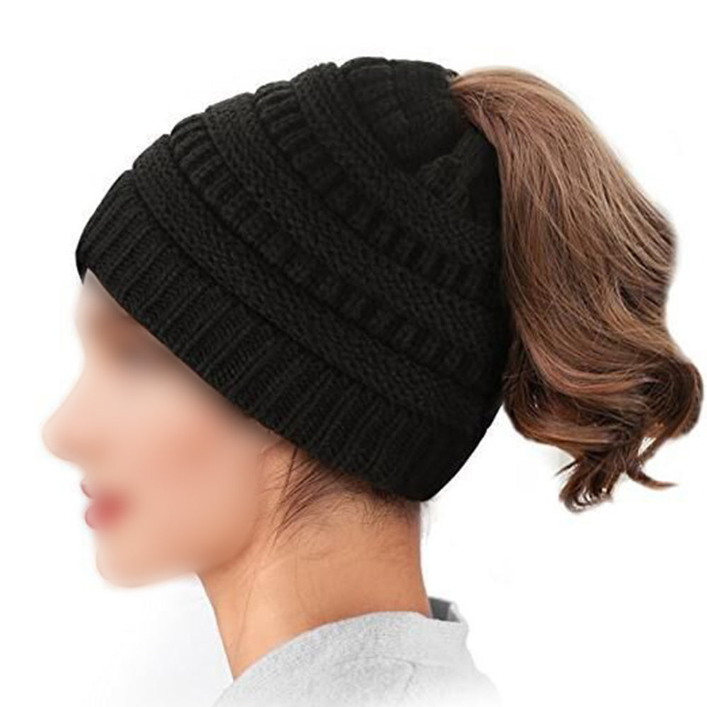 Winter Cable Knit Ponytail Beanie High Bun Crochet Hat - Black