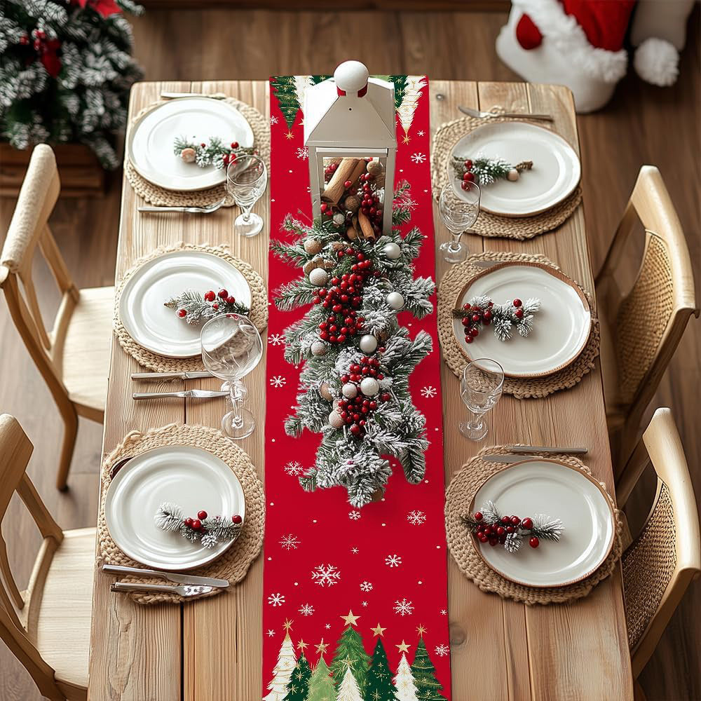 Christmas Table Runner with Xmas Trees Festive Tablecloth Cover for Kitchen Dinner Party Red