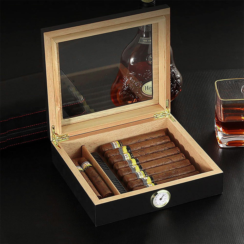 For 10 Cigars Cigar Humidor Desktop Box with Humidifier and Hygrometer Black