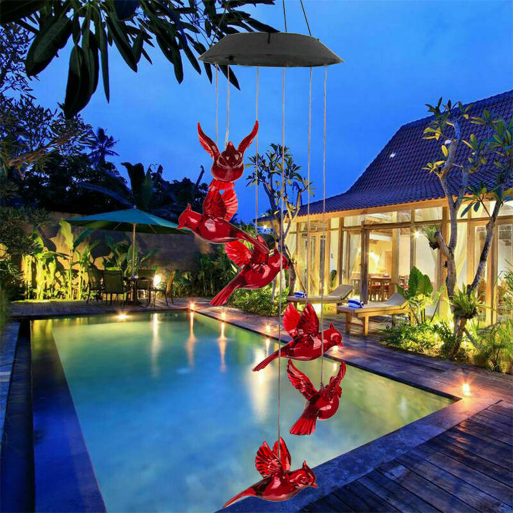Solar Powered LED Cardinal Bird Wind Chime Color-Changing Light Yard Decor