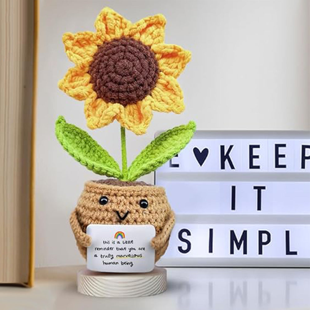 2Pcs Handcrafted Sunflower Doll Soft Acrylic Fabric Yarn Decor with Motivational Card