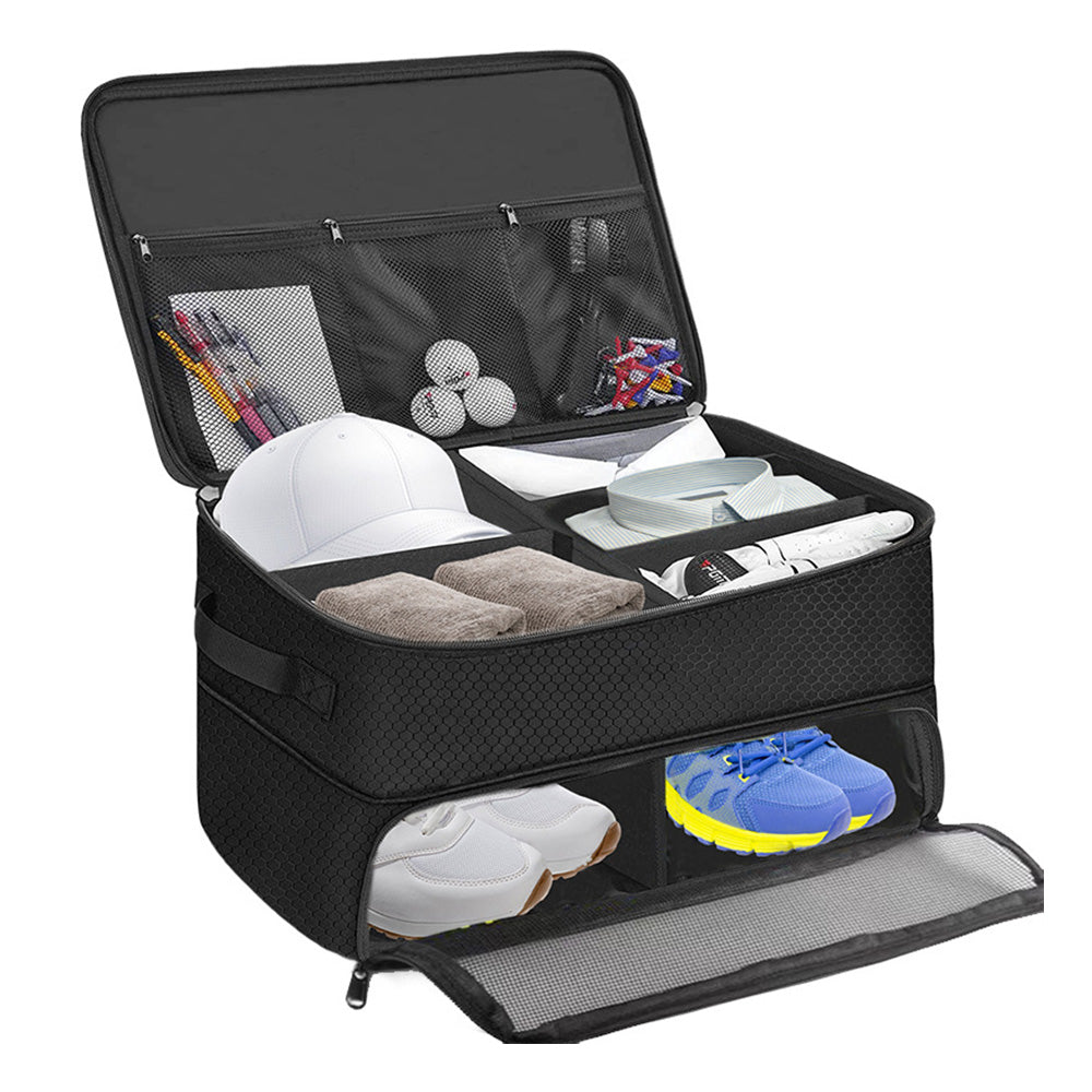 2-Layer Golf Trunk Organizer Golf Accessories Locker with Separate Compartment for Shoes Clothes Gloves