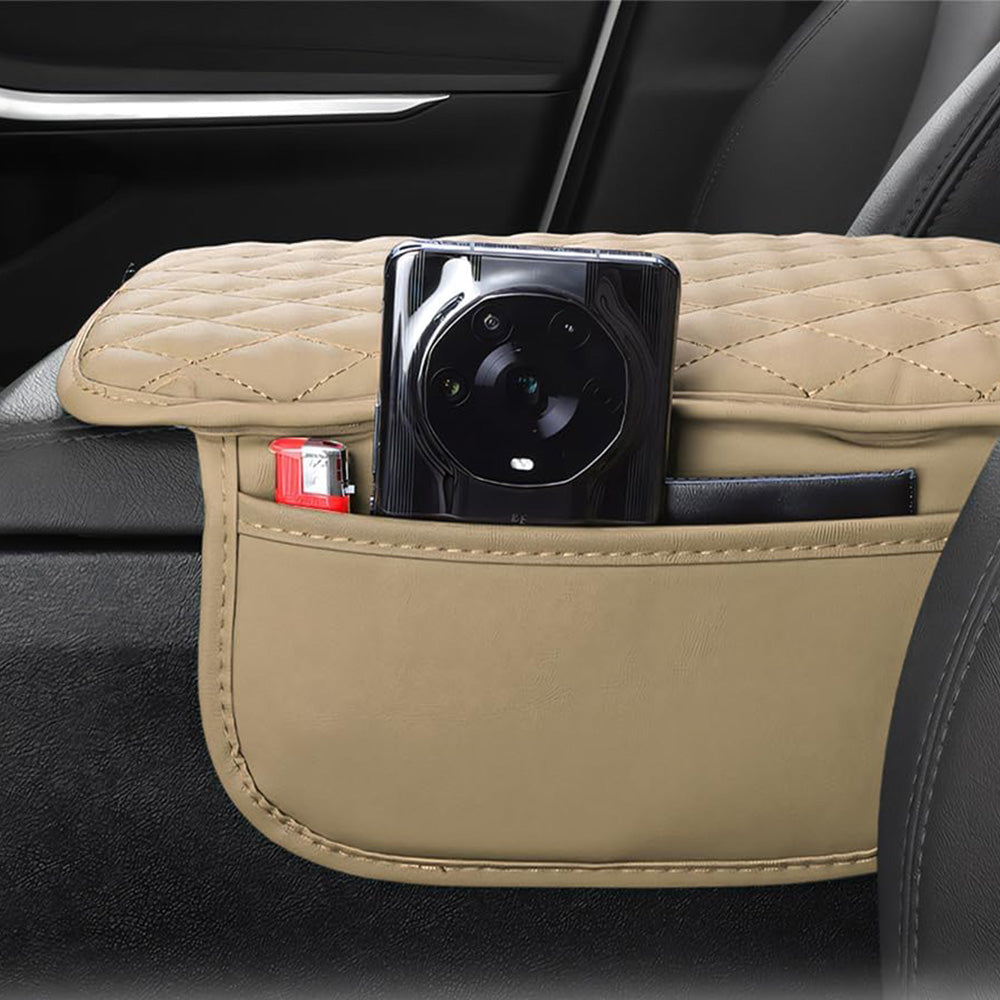 PU Leather Car Center Console Cover with 2 Storage Pocket Car Arm Rest Cover Car Interior Accessories Beige