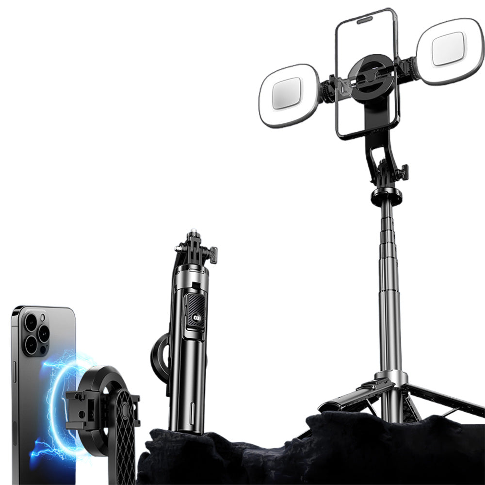 Portable Phone Tripod Stand Retractable Selfie Stick with Remote Control and Fill Light for Photograph Video Recording Black