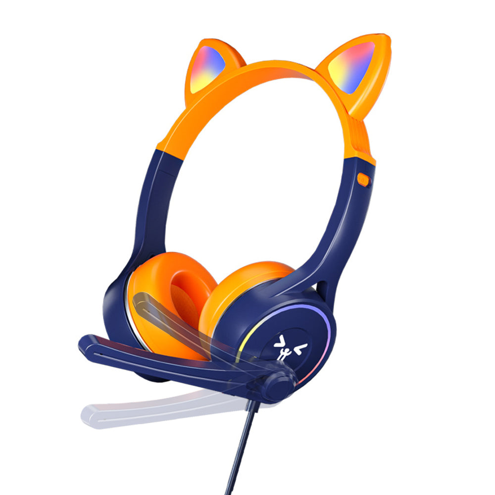 Headworn Headphone for Children Gaming Cat Ear Adjustable Headphones LED Lights Wired Headset Orange