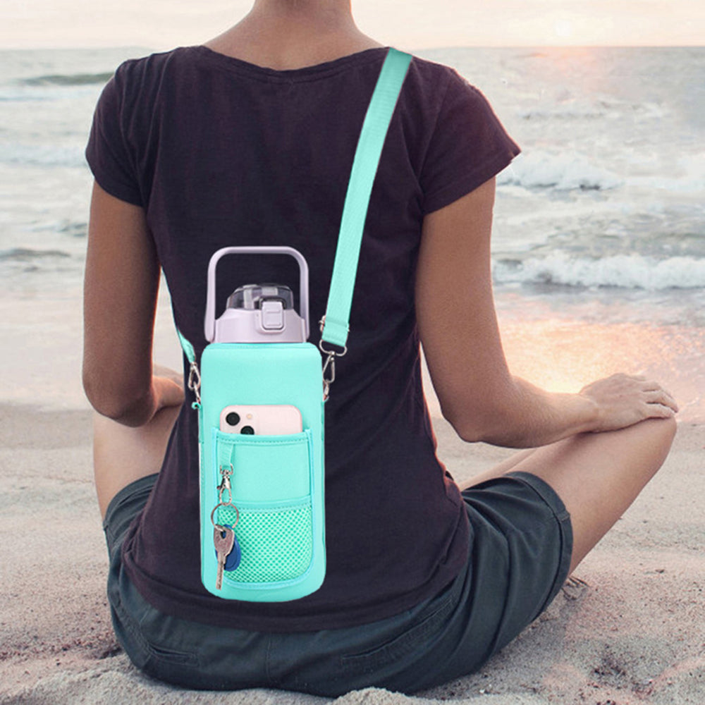 Water Bottle Carrier Bag Neoprene 2L Bottle Pouch Holder Adjustable Shoulder with Pocket for Travelling -Green