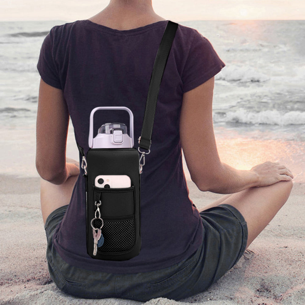 Water Bottle Carrier Bag Neoprene 2L Bottle Pouch Holder Adjustable Shoulder with Pocket for Travelling -Black