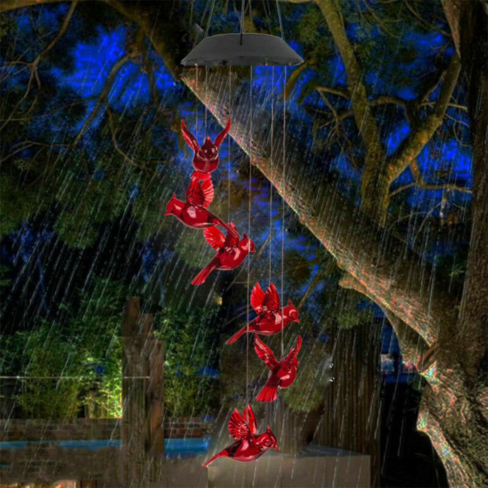 Solar Powered LED Cardinal Bird Wind Chime Color-Changing Light Yard Decor