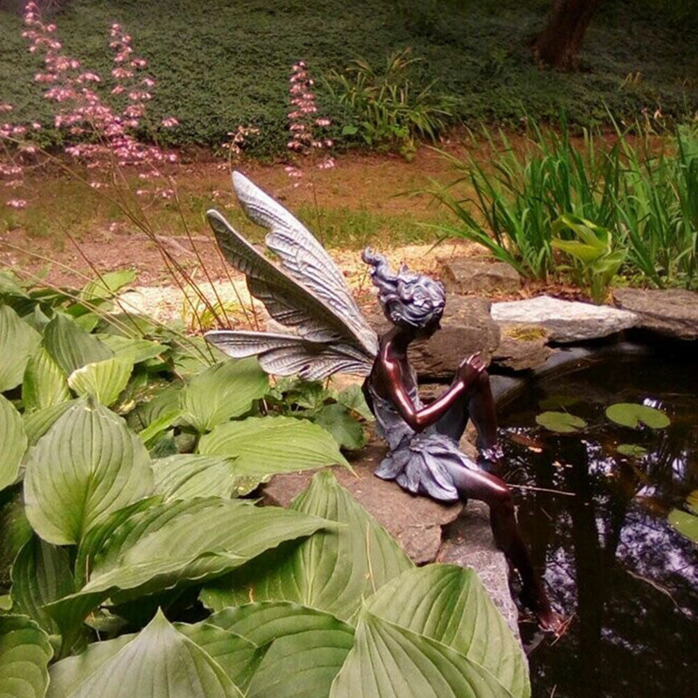 Sitting Fairy Statue Resin Garden Ornament Flower Fairy Statue with Wing Sculpture Decoration-Brown