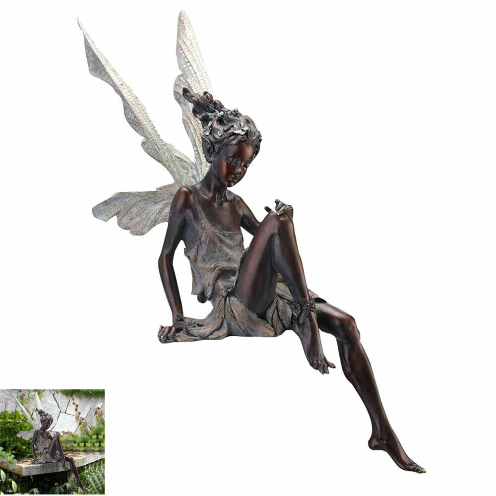 2pcs Sitting Fairy Statue Resin Garden Ornament Flower Fairy Statue with Wing Sculpture Decoration-Brown