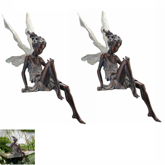 2pcs Sitting Fairy Statue Resin Garden Ornament Flower Fairy Statue with Wing Sculpture Decoration-Brown
