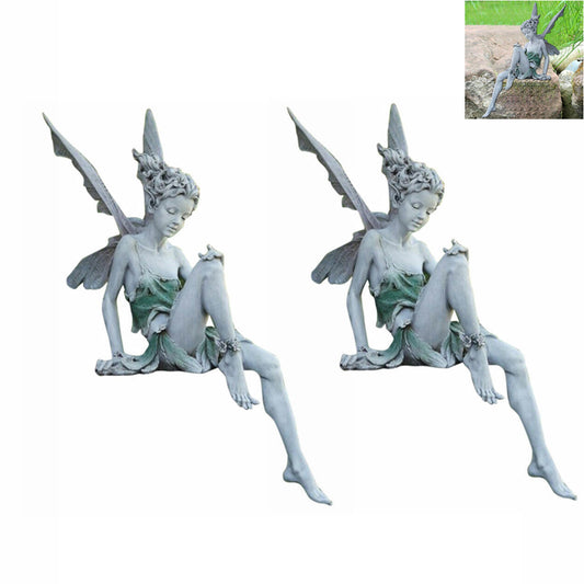 2pcs Sitting Fairy Statue Resin Garden Ornament Flower Fairy Statue with Wing Sculpture Decoration-White