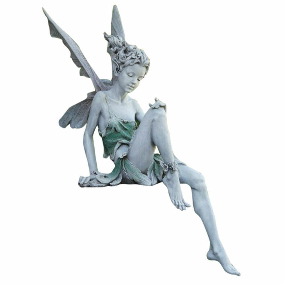 Sitting Fairy Statue Resin Garden Ornament Flower Fairy Statue with Wing Sculpture Decoration-White
