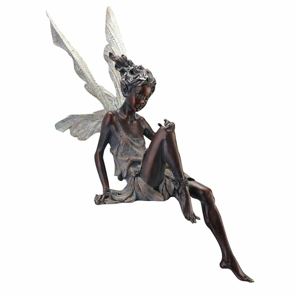 2pcs Sitting Fairy Statue Resin Garden Ornament Flower Fairy Statue with Wing Sculpture Decoration-Brown
