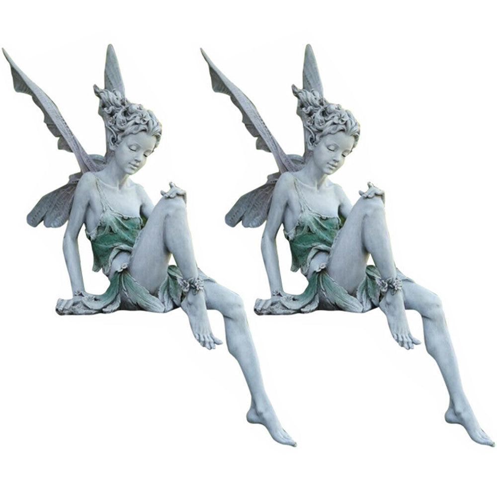 2pcs Sitting Fairy Statue Resin Garden Ornament Flower Fairy Statue with Wing Sculpture Decoration-White