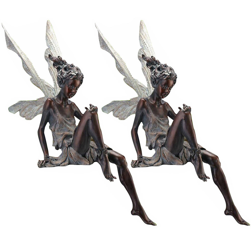 2pcs Sitting Fairy Statue Resin Garden Ornament Flower Fairy Statue with Wing Sculpture Decoration-Brown
