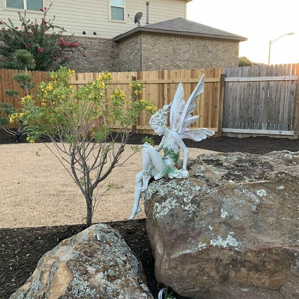 2pcs Sitting Fairy Statue Resin Garden Ornament Flower Fairy Statue with Wing Sculpture Decoration-White