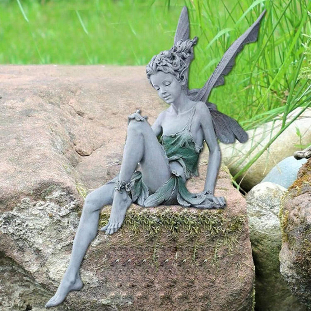 Sitting Fairy Statue Resin Garden Ornament Flower Fairy Statue with Wing Sculpture Decoration-White