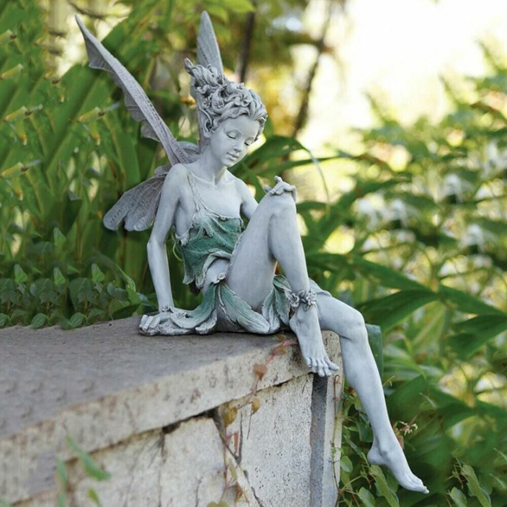 Sitting Fairy Statue Resin Garden Ornament Flower Fairy Statue with Wing Sculpture Decoration-White
