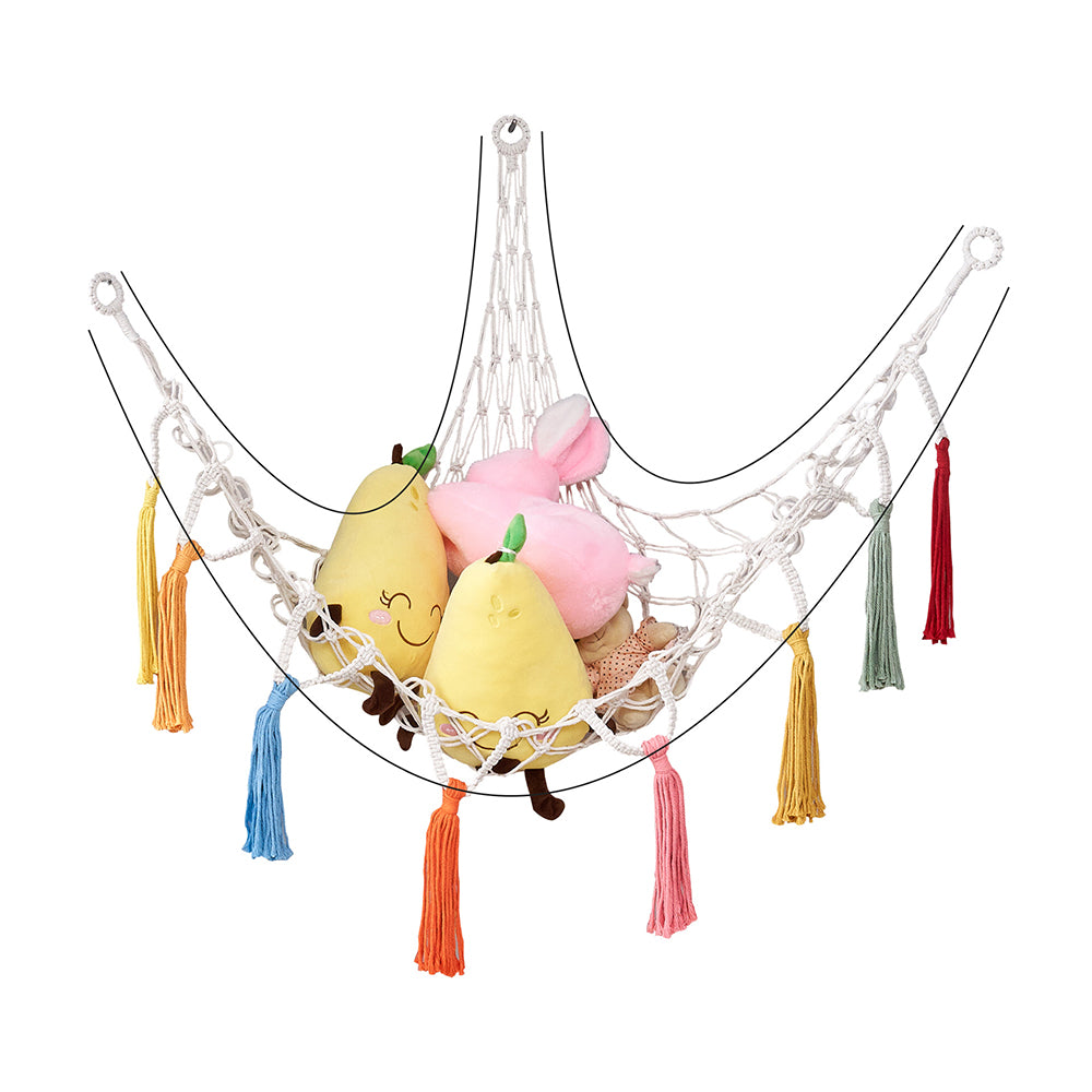 Boho Plush Toy Hammock Net Organizer Stuffed Animals Hanging Toys Kids Room Storage -White Net with Colourful Tassel